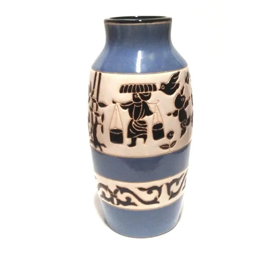 Vintage Ceramic Vase Asian Design Water Buffalo/Buckets Blue/White 11.5